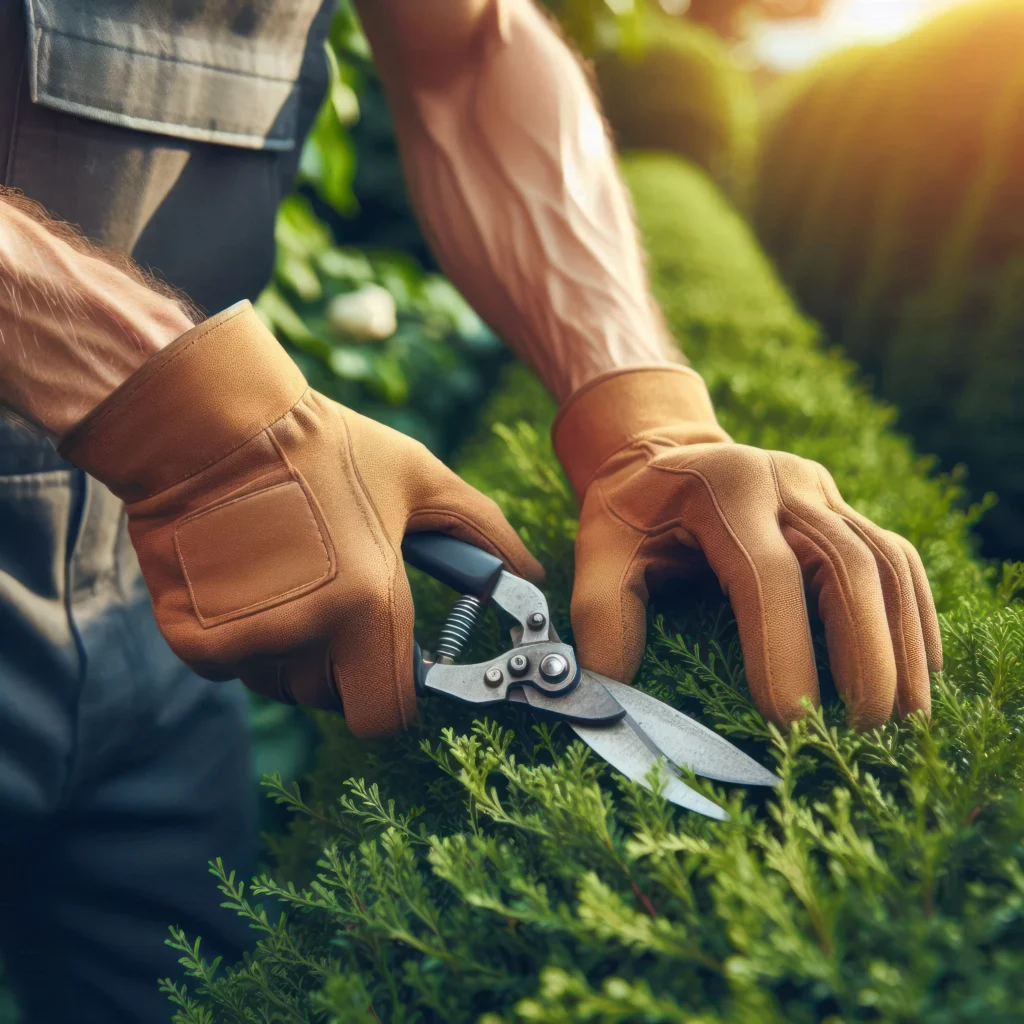 gardener-man-with-gloves-pruning-shears-pruning-green-hedge-garden